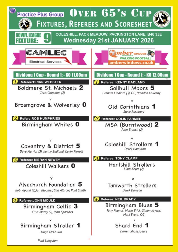 Solihull Moors Walking Football Round 1 Over 65s